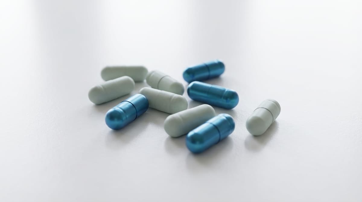 Blue and white pharmaceutical capsules on neutral background representing Prussian Blue radiation protection medicine