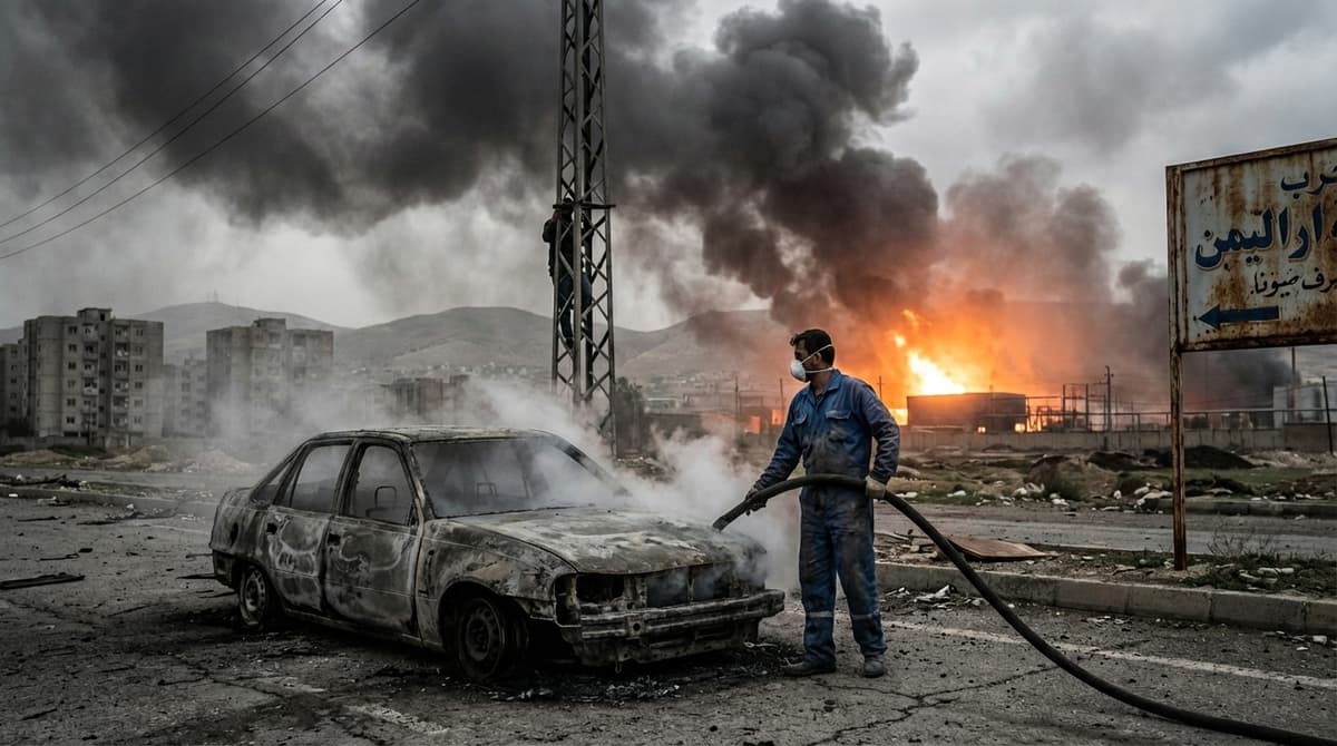 Conflict zone with destroyed car and smoke - environmental health crisis