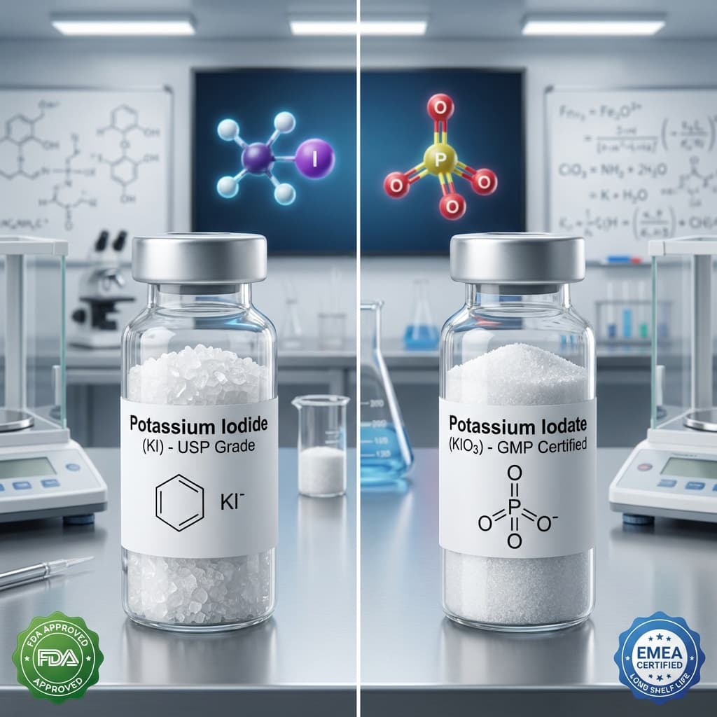 Potassium Iodide and Potassium Iodate pharmaceutical vials in laboratory setting — institutional procurement comparison
