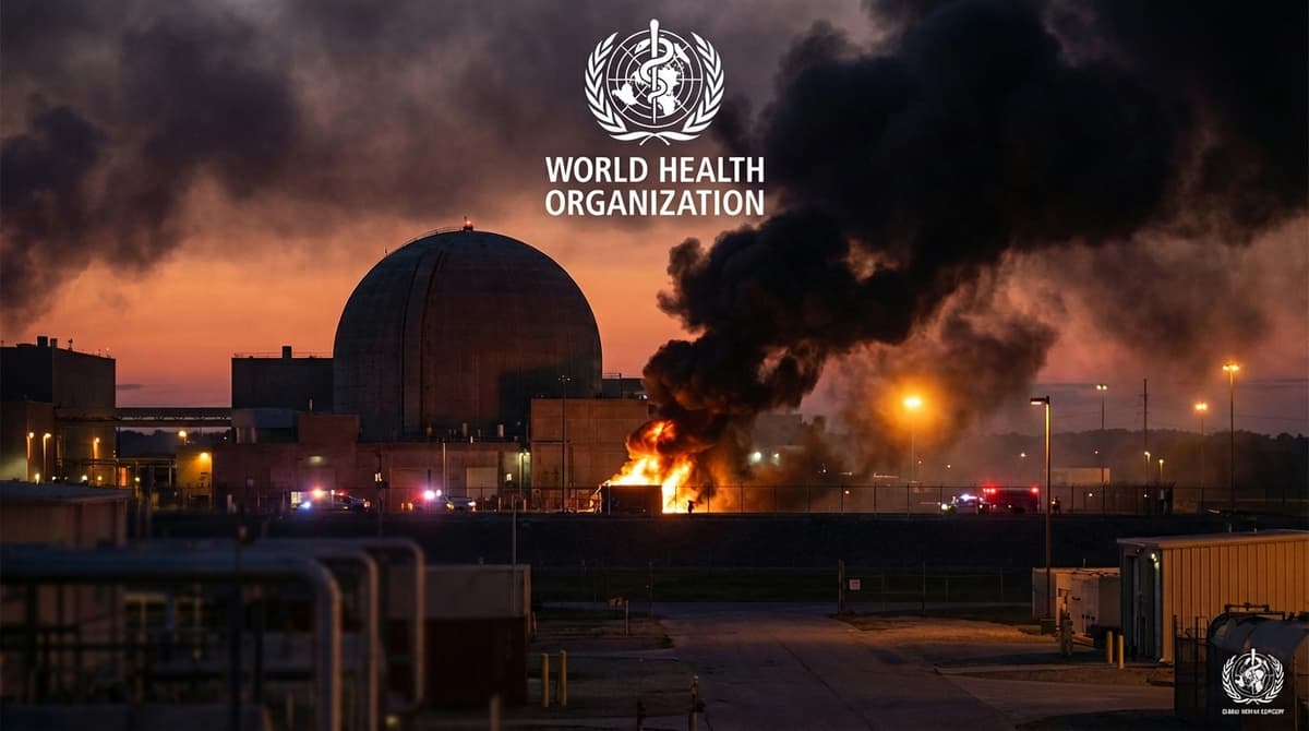 Nuclear facility at dusk with smoke and fire - UN global health emergency warning
