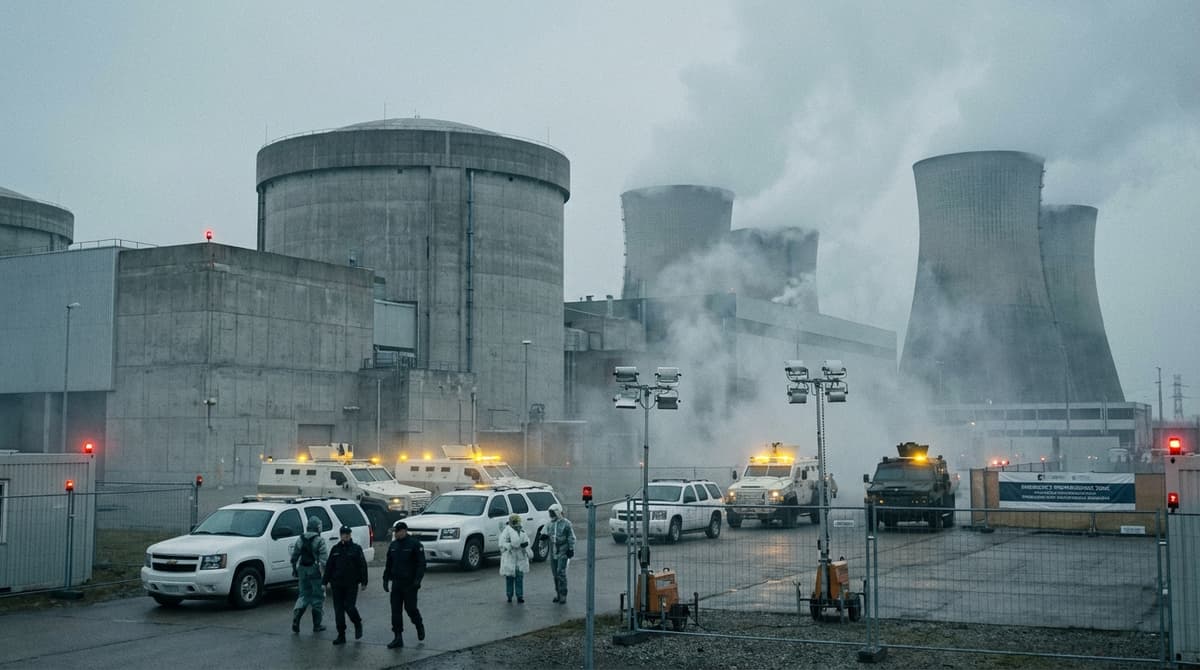 Nuclear facility with emergency response vehicles and international personnel