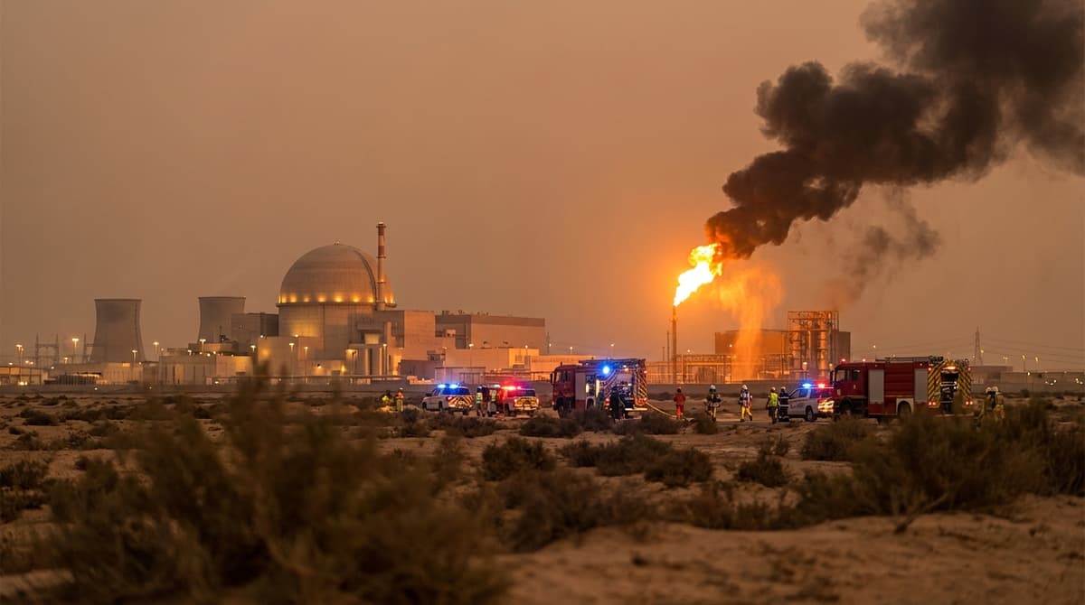Nuclear facility emergency response scene with emergency vehicles and containment structures