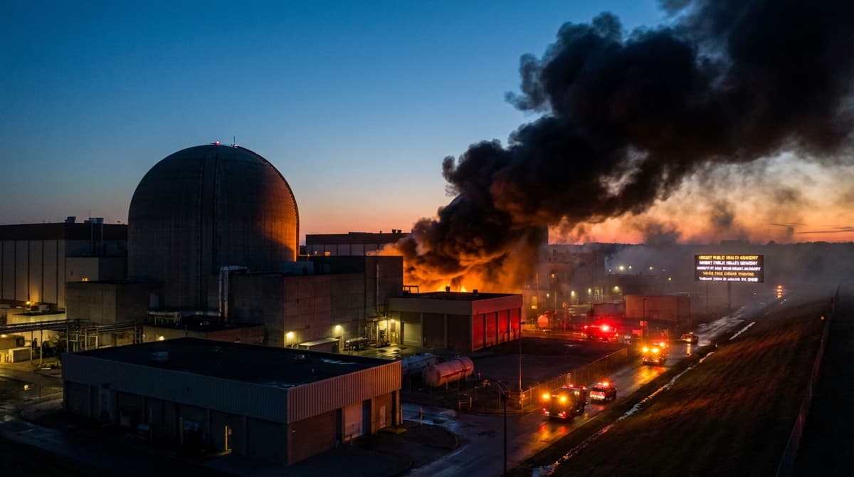 Nuclear reactor emergency scene with emergency response vehicles and containment dome at dusk