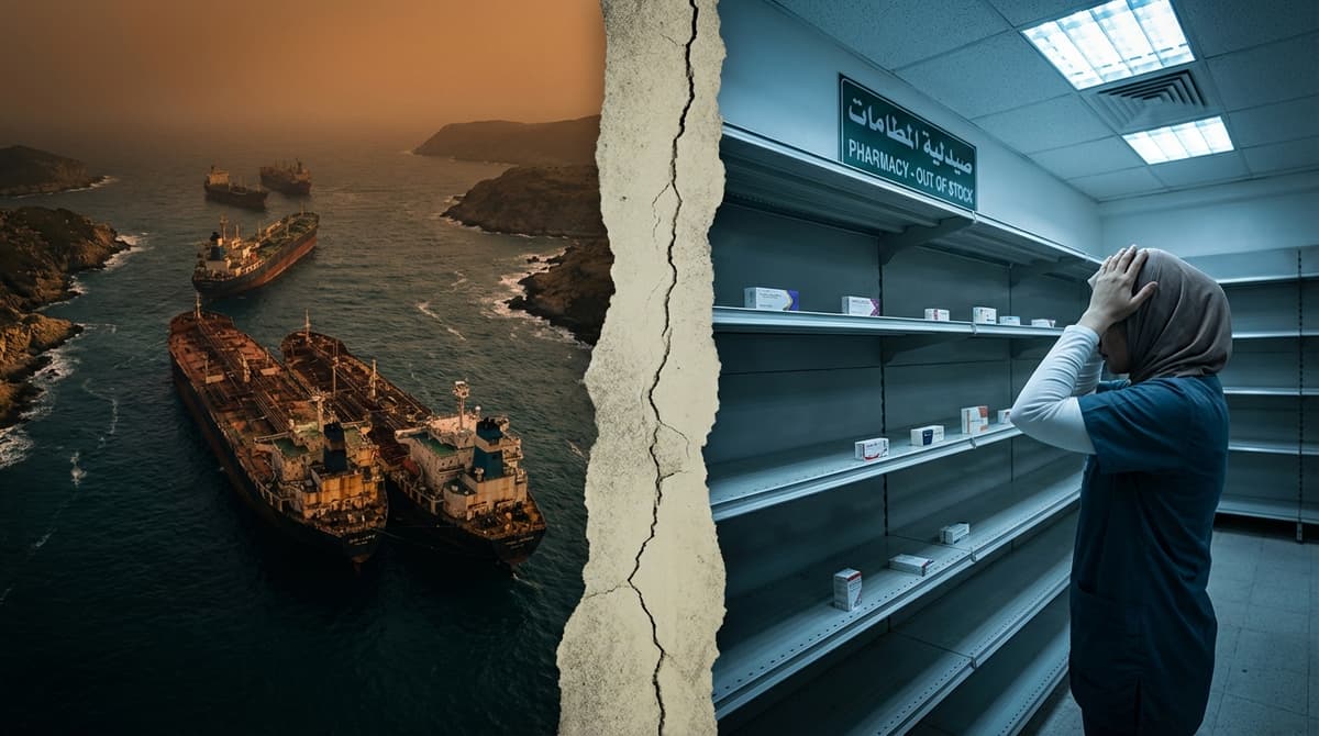 Oil tankers at sea alongside empty pharmacy shelves