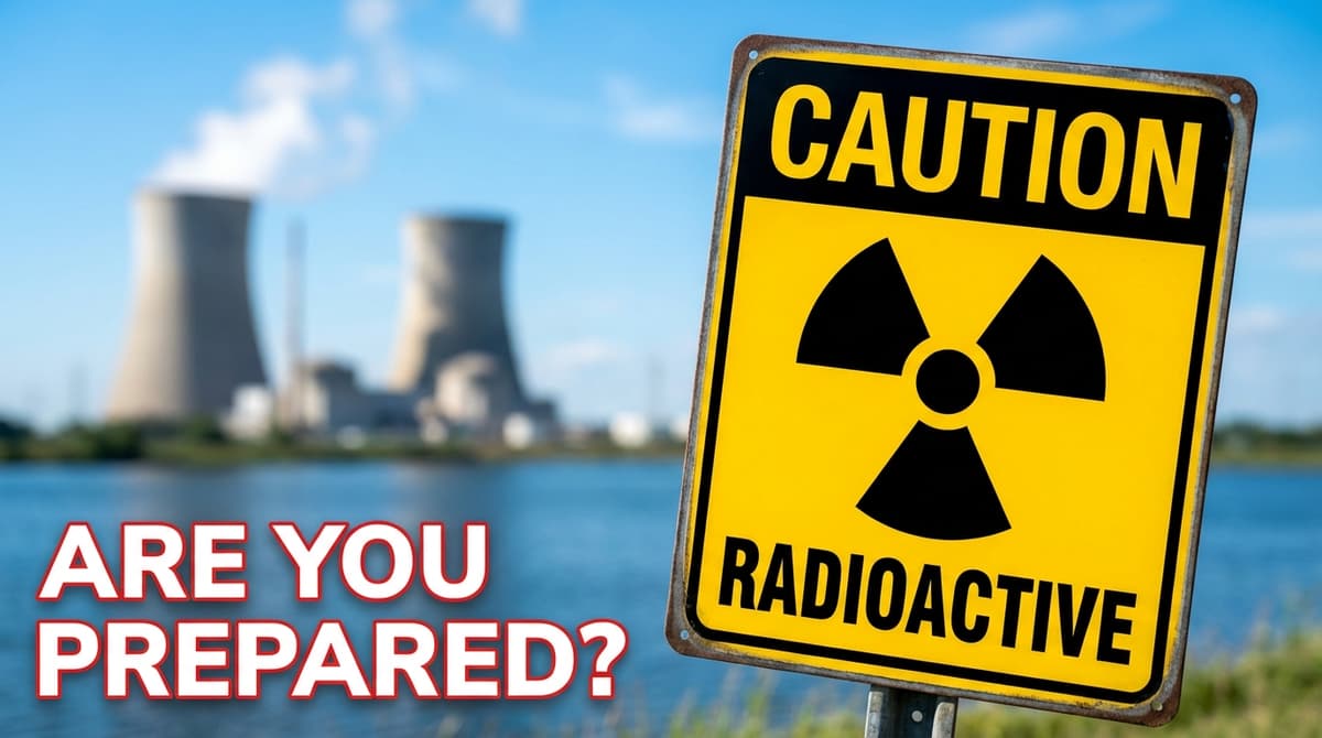 Radiation warning sign caution radioactive with nuclear facility in background