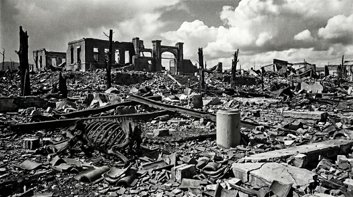 Urban destruction aftermath showing skeletal remains of buildings - Hiroshima and Nagasaki lesson for nations