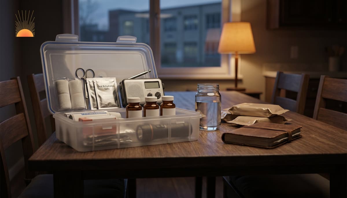 Open sealed emergency response kit on a family dining table at dusk with sterile gauze, ORS sachets, plain-label amber medication bottles, hand-crank radio, and a glass jar of water — civilian preparedness for the first 24 hours.