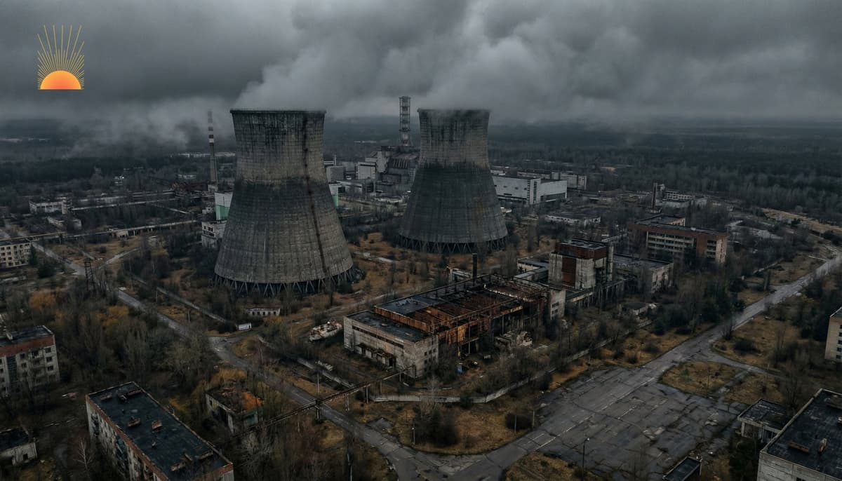 Abandoned Chernobyl nuclear power plant cooling towers against overcast sky — radiological disaster preparedness case study