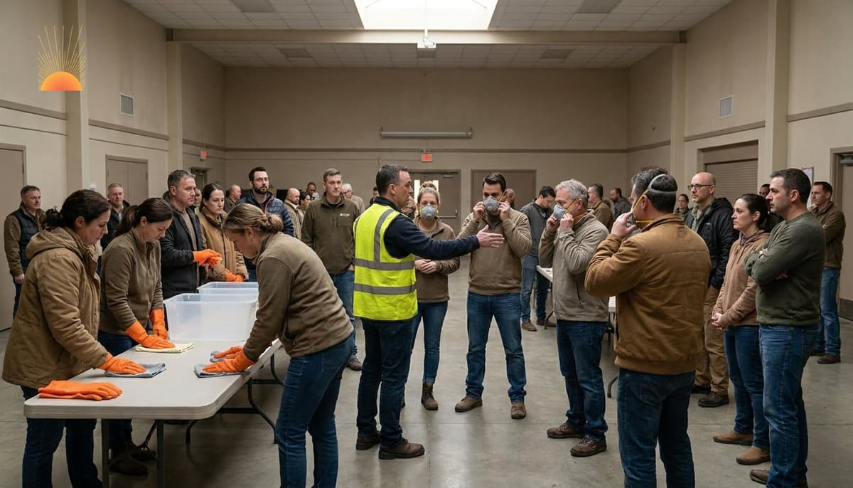 Civilians in a structured emergency preparedness training session practicing decontamination and donning respirators under instructor guidance