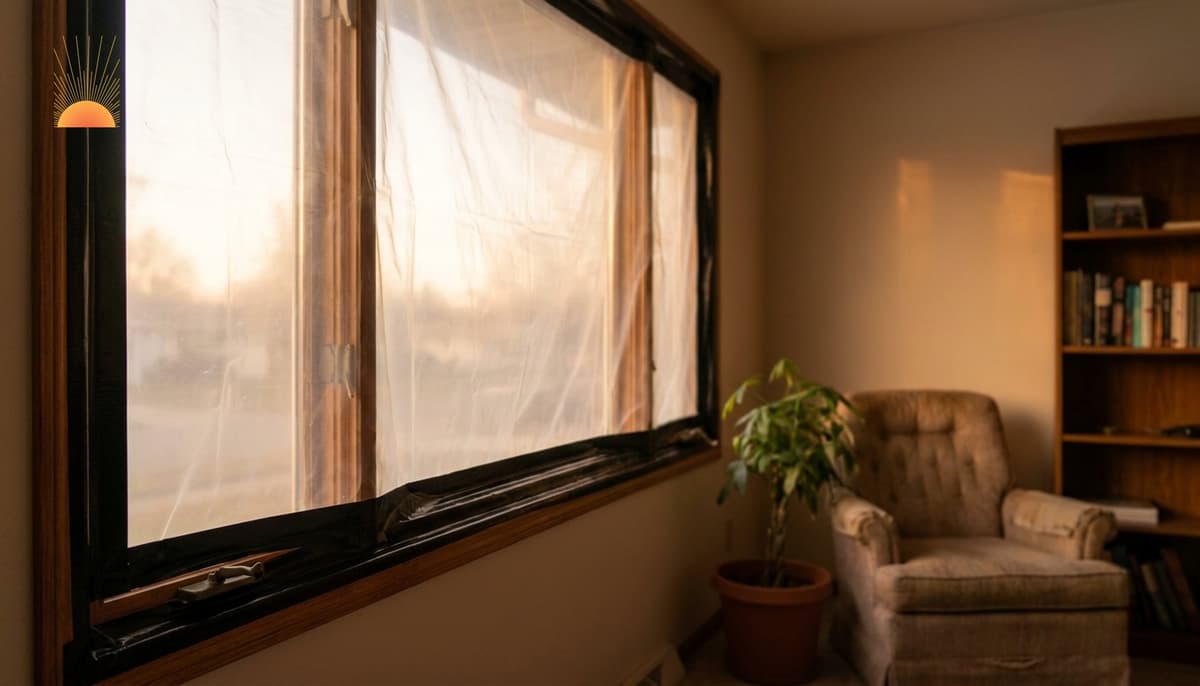Apartment window sealed with HDPE plastic sheeting and duct tape, demonstrating household shelter-in-place protection