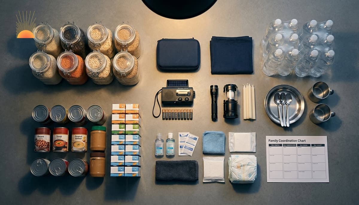 Overhead view of an organised household emergency preparedness layout with food, water, hygiene supplies, communication, and lighting essentials