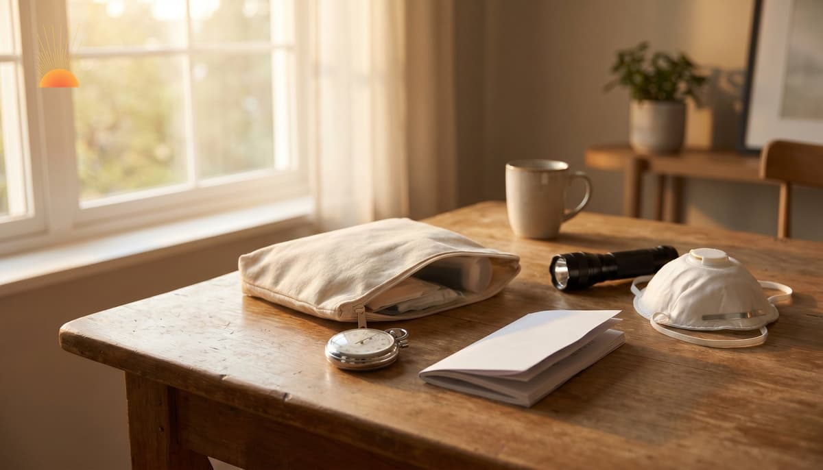 Quiet domestic preparedness scene under warm golden-hour light: sealed unbranded emergency medical kit, analog stopwatch, plain folded preparedness manual, generic flashlight, and unbranded N95-style mask on a wooden table