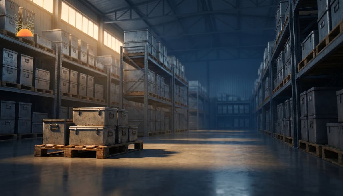Vast institutional medical stockpile warehouse interior with rows of unbranded pharmaceutical storage cases on industrial shelving, warm golden light from above