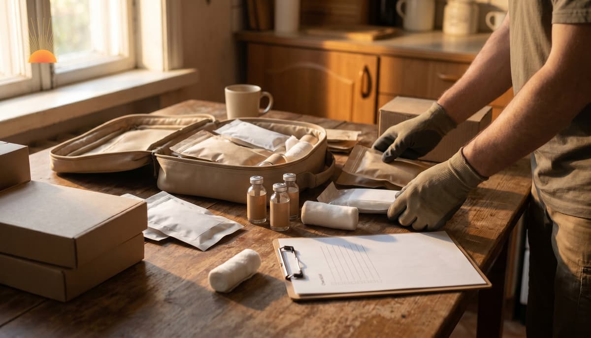 Civilian preparing an unbranded emergency response kit on a kitchen table in golden-hour light — clipboard, gauze, neutral packaging