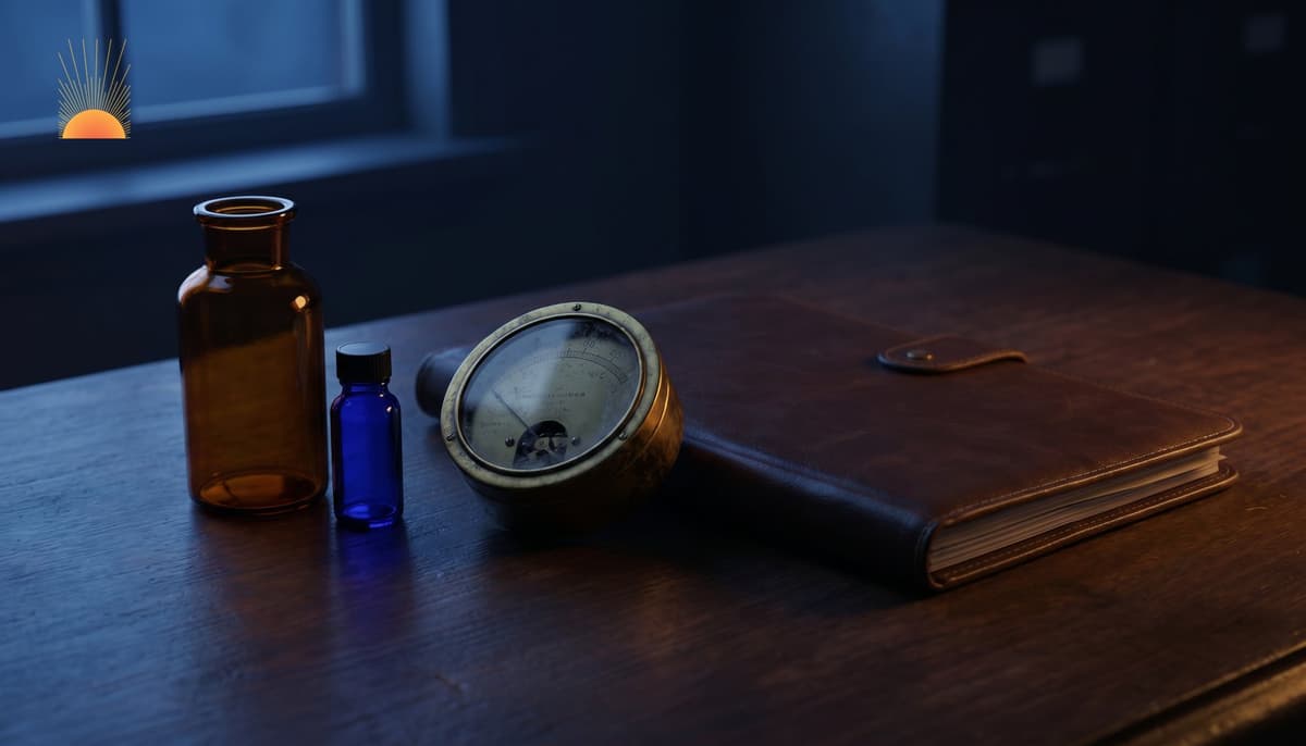 Amber and cobalt apothecary vials beside a brass dosimeter dial and leather dossier on a dark walnut institutional desk — symbol of antidote preparedness