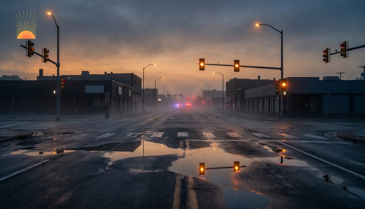 Empty city intersection at golden-hour dawn with distant emergency lights through fog — the response window before help arrives