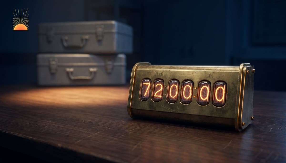 Brass nixie-tube countdown timer reading 72:00:00 beside stacked institutional pharmaceutical response cases on a dark walnut desk
