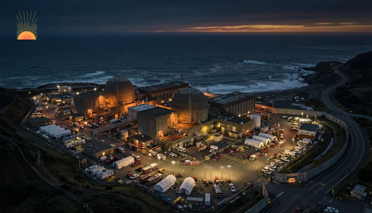 Aerial view of Fukushima Daiichi nuclear power plant on Pacific coastline — nuclear disaster preparedness case study