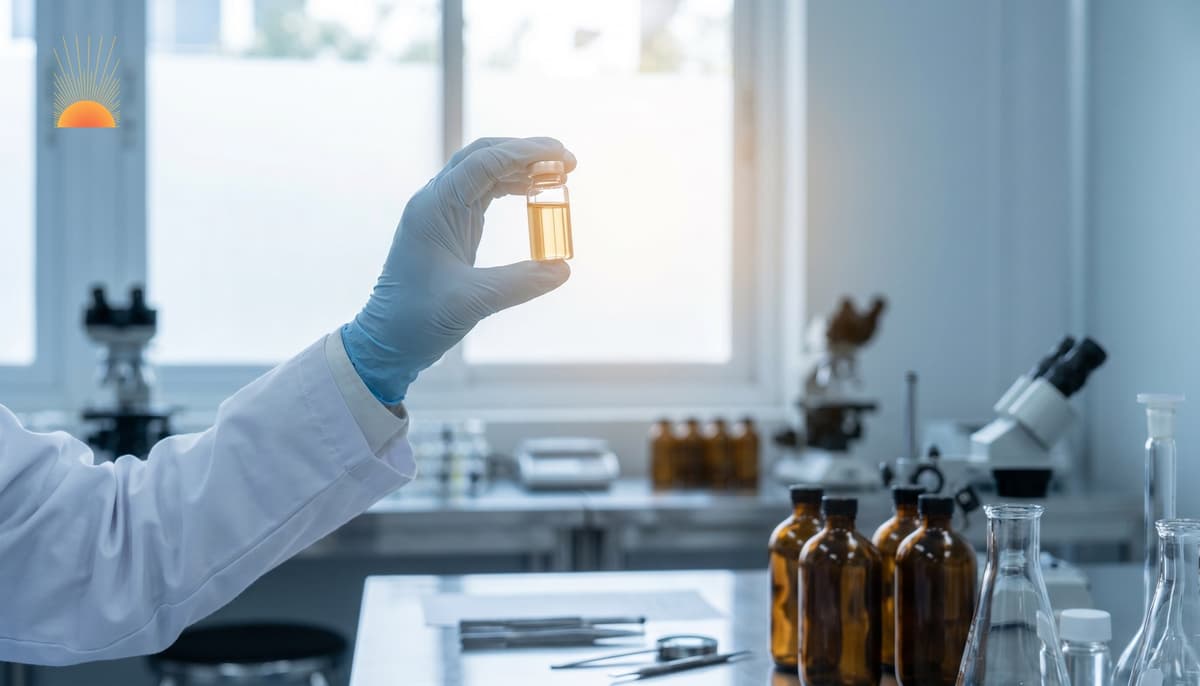 Pharmaceutical research lab — gloved scientist holding small clear vial of pale liquid against soft daylight, with unbranded amber bottles and microscopes in the background, illustrating global radiation countermeasure research.
