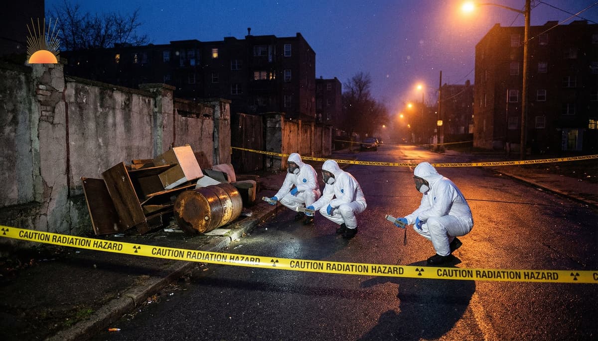 Emergency hazmat response team conducting radiation monitoring in an urban setting — Goiânia radiation disaster preparedness