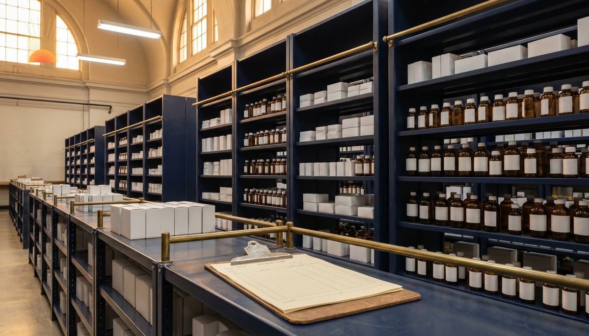 Industrial pharmaceutical stockpile warehouse with deep navy shelving filled with neutral white boxes and amber medicine bottles, brass label rails, blank inventory clipboard in foreground — national radiation emergency stockpile interior.
