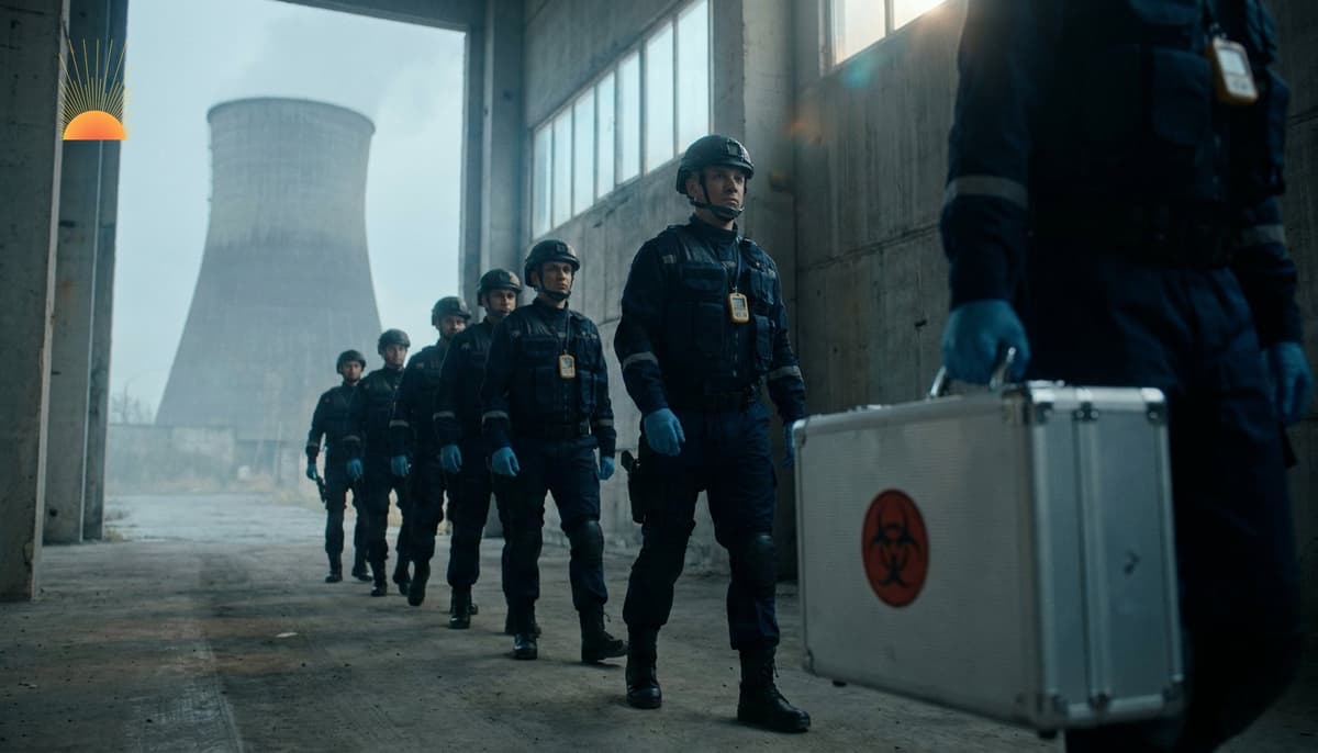 Emergency medical responders advancing through industrial corridor toward nuclear cooling tower, carrying biohazard-marked medical case — institutional preparedness