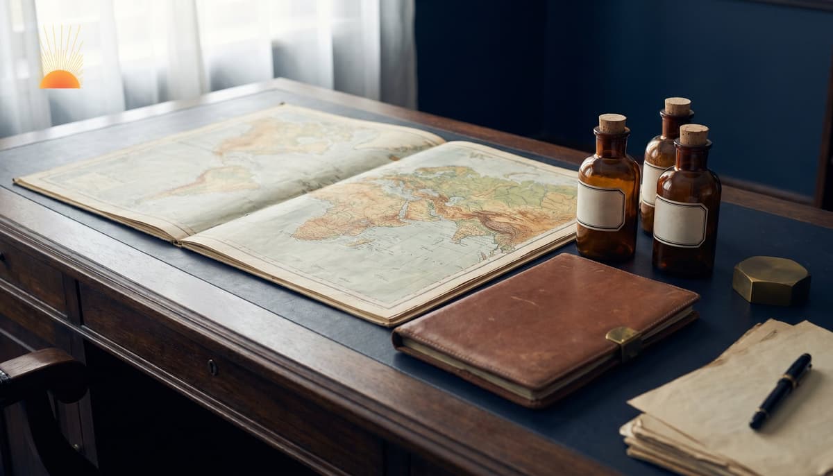 Open atlas world map showing the MENA and Africa region on a dark institutional desk with three plain unbranded amber apothecary bottles, leather dossier folder, brass paperweight and fountain pen