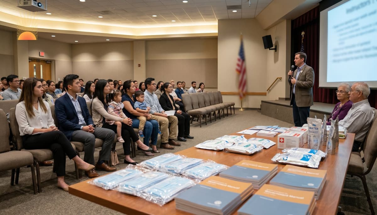 Civilian emergency preparedness training session in a national community auditorium with a multi-generational audience and household readiness kits, PPE, and emergency manuals laid out at the front