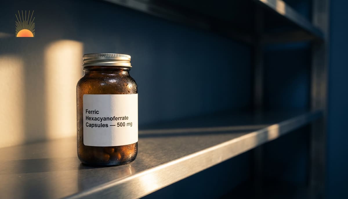 Generic amber pharmaceutical jar labelled Ferric Hexacyanoferrate Capsules 500mg on a near-empty steel pharmacy shelf, illustrating the scarce global supply of Prussian Blue