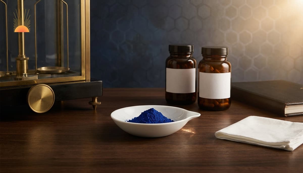 Pharmaceutical-grade Prussian Blue powder in a white porcelain weighing dish on a dark walnut institutional pharmacy bench, with two unbranded amber capsule bottles and a brass analytical balance, soft golden-hour daylight, hexagonal lattice motif on background wall