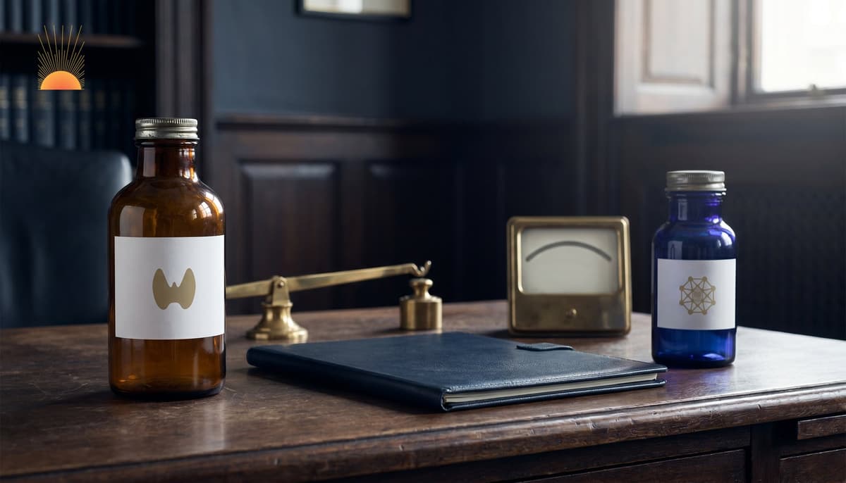 Two unbranded apothecary bottles on a dark walnut institutional desk — amber bottle with a thyroid silhouette icon and cobalt blue bottle with a crystalline lattice icon, set beside a brass balance and analog meter, representing the side-by-side procurement decision between Potassium Iodide and Prussian Blue in a national radiological stockpile