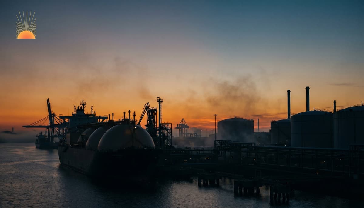 LNG tanker at industrial port terminal under dramatic golden-hour sky — global energy supply chain imagery