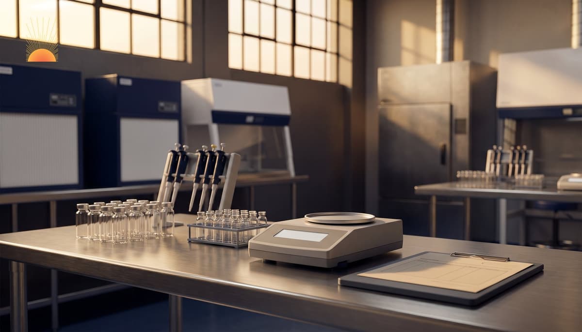 Pharmaceutical quality control bench with analytical balance, glass vials, pipettes and a compliance clipboard in a sunlit clean room — radiation antidote validation laboratory.