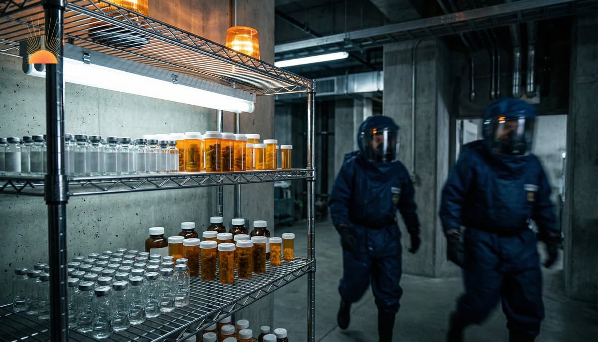 Emergency responders in protective suits beside pharmaceutical supplies in a radiation response facility