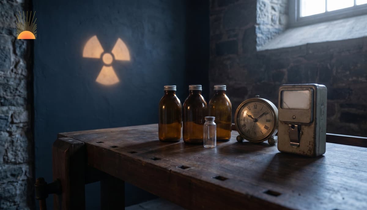 Editorial wide shot of a dark walnut emergency pharmacy bench with three plain amber apothecary bottles, a brass desk clock, a vintage analog dosimeter, and a faint radiation trefoil on the dark wall