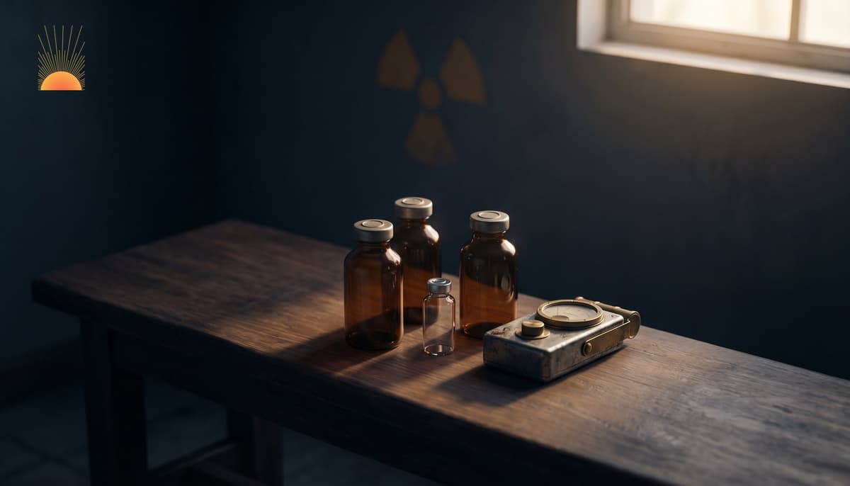 Editorial radiation-emergency pharmacy bench with amber apothecary bottles, clear glass vial, and analog dosimeter under soft window light
