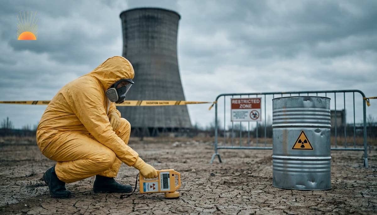 Radiation response technician in yellow hazmat suit sweeping a Geiger counter across contaminated soil near a decommissioned cooling tower, with shielded radioactive waste drum and restricted zone barrier