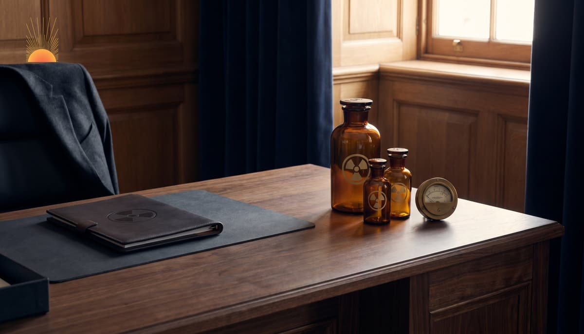 Editorial dark walnut institutional desk with three unbranded amber apothecary bottles bearing trefoil radiation symbols, brass dosimeter dial and leather dossier — radiation forensics scene