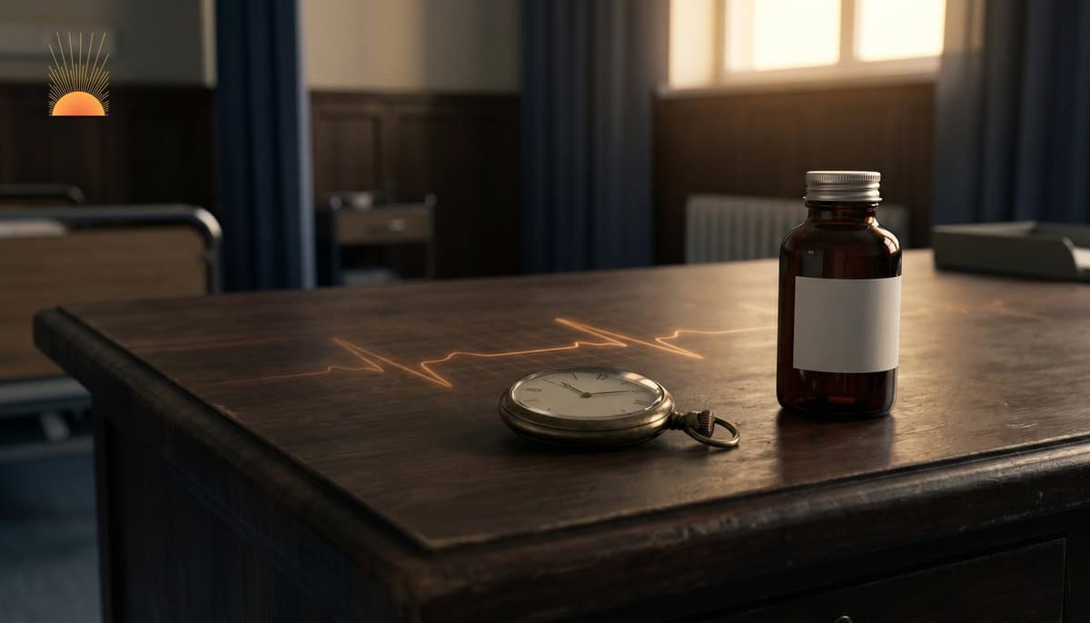 Antique brass pocket watch and unbranded amber apothecary bottle on dark walnut institutional desk with faint amber cardiogram line — the first hour of emergency preparedness.