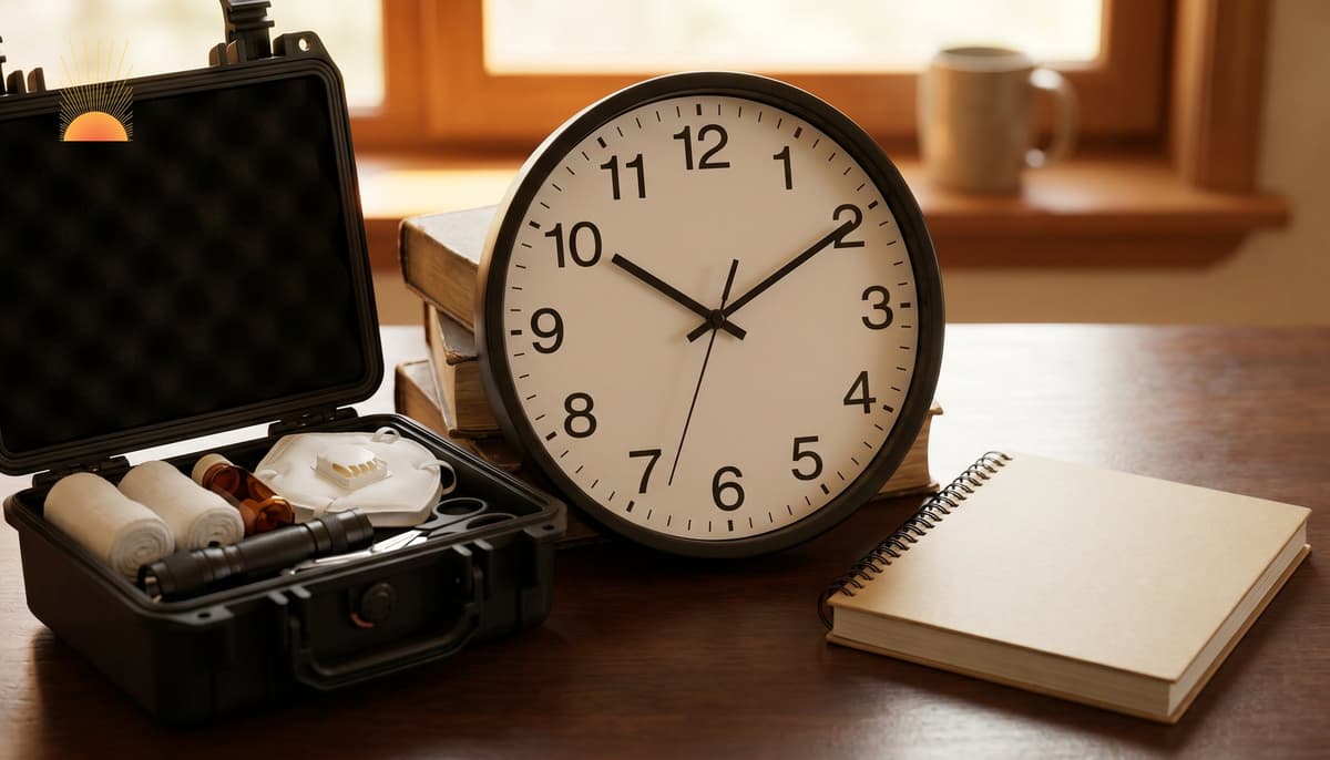 Golden-hour interior with sealed unbranded emergency preparedness kit, folded plain manual, and wall clock — symbolic of household readiness before the moment arrives