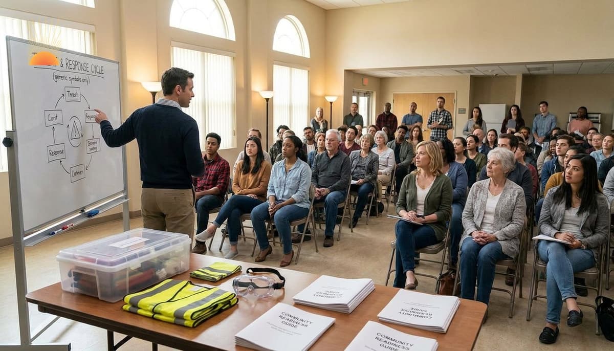 Civilian emergency response training session in a community hall — instructor leading a mixed-age audience through a threat-and-response cycle, foreground table with sealed emergency medical kit, hi-vis vests, goggles and printed preparedness guides