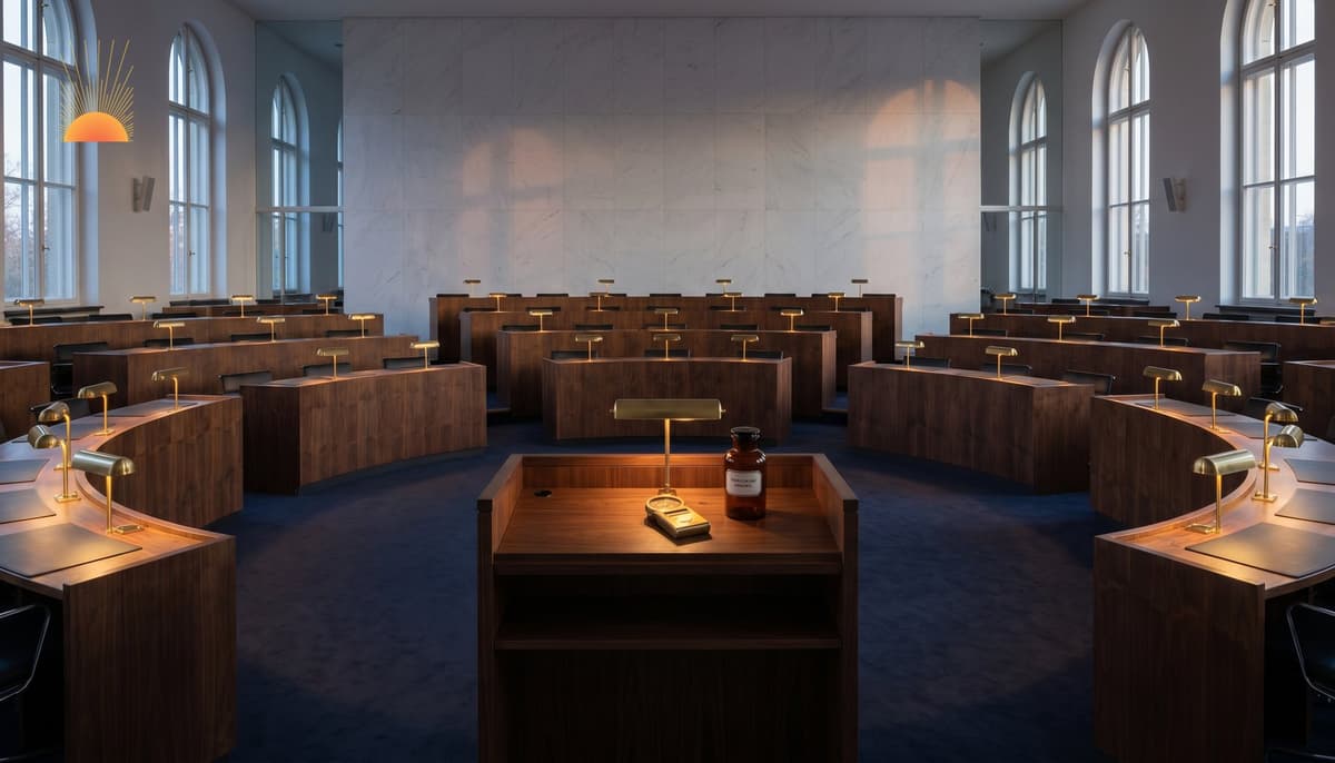 Editorial wide shot of a generic global assembly chamber at dusk — curved walnut tiered desks, brass lamps, deep navy carpet, plain marble rear wall, an unbranded amber apothecary bottle on the central rostrum