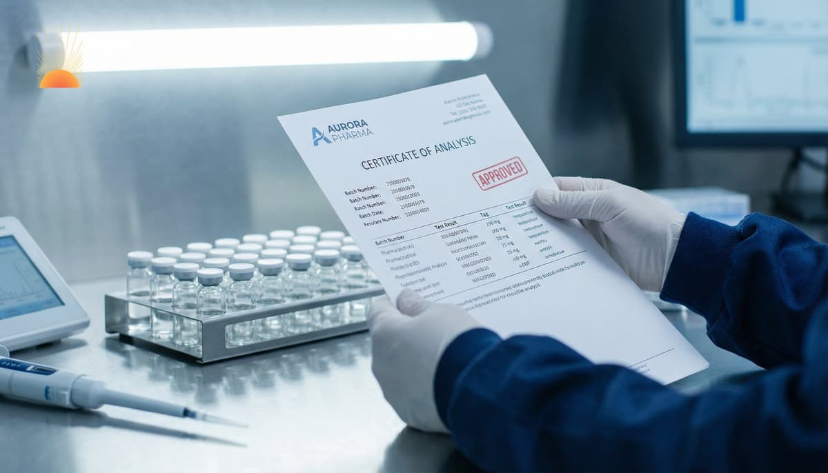 Pharmaceutical quality control laboratory — scientist reviewing Certificate of Analysis with vials in background