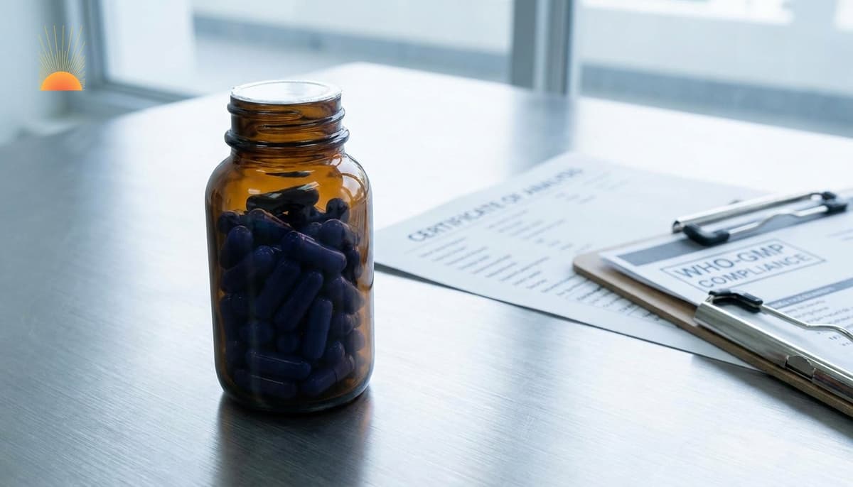Sealed amber prescription bottle of deep indigo-blue prussian blue capsules on a stainless-steel laboratory surface with Certificate of Analysis documentation in soft focus background