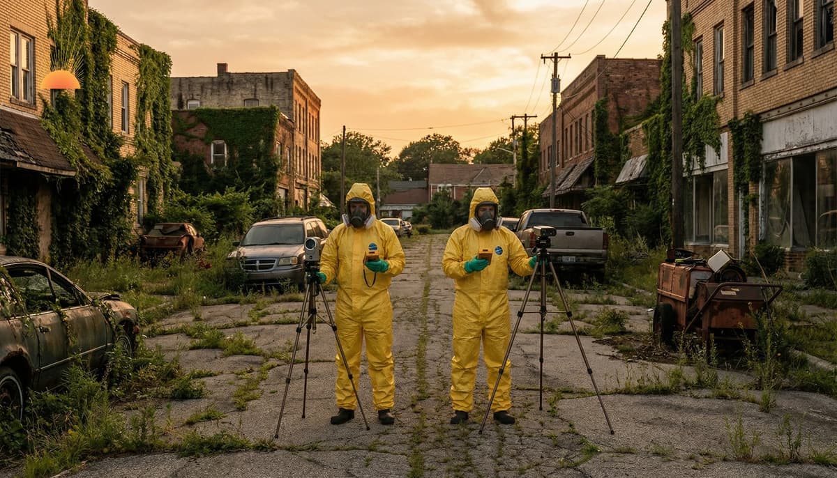 Radiation monitoring scientists in hazmat suits assessing post-nuclear environment with detection equipment