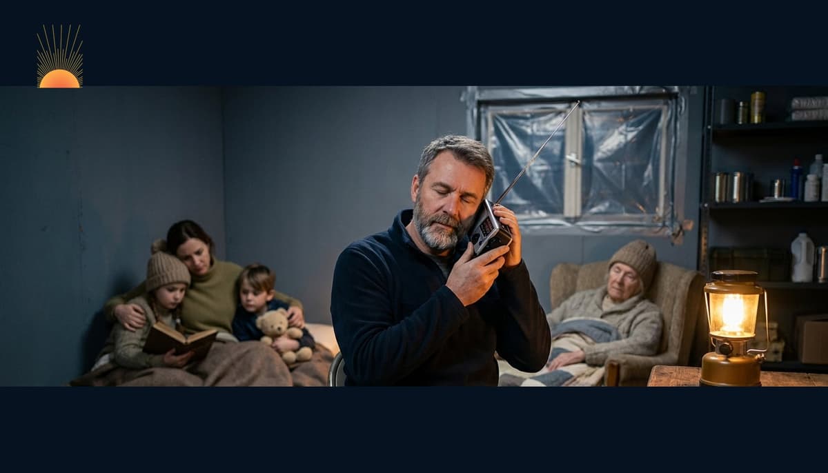 Calm man listening intently to a hand-crank emergency radio inside a sealed safe room while family shelters together — household communication and command protocol