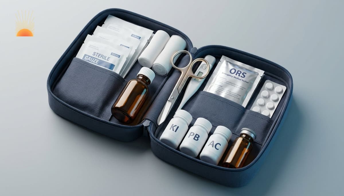 Open civilian emergency medical kit with KI, Prussian Blue, and activated charcoal antidote bottles, sterile gauze, scissors, thermometer, ORS sachet, and amber medication vials