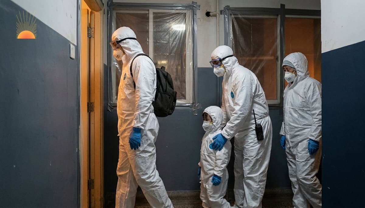 Civilian family in full PPE moving through a sealed apartment doorway during a radiological evacuation