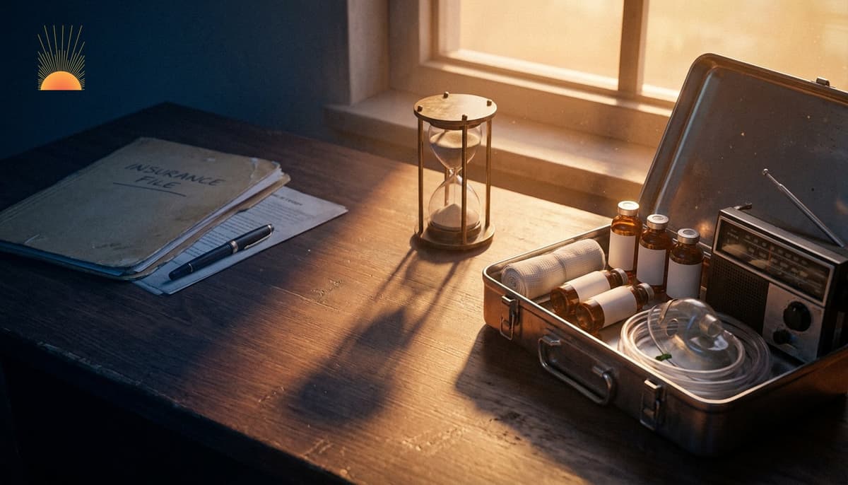 Split-frame editorial image on a dark walnut desk: closed insurance file with fountain pen on a faded blue-shadow left half, open emergency response kit with sterile gauze, amber vials, oxygen mask, and hand-crank radio on the warm amber-lit right half, antique hourglass softly in the center seam.