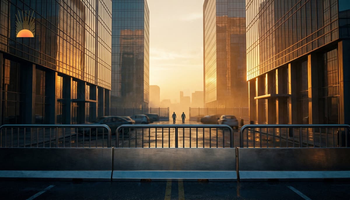 An empty sealed urban street under amber atmospheric haze at golden hour — a single steel barrier across the canyon between high-rise towers with distant responder silhouettes, symbolic of containment events where the environment itself becomes the threat